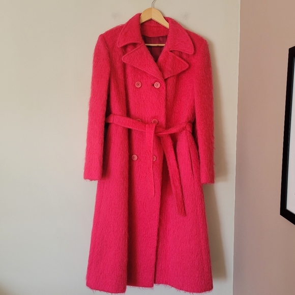 Vintage Jackets & Blazers - Vintage 80s Mohair Wool Women's Double Breasted Belted Fuchsia Pink Trench Coat